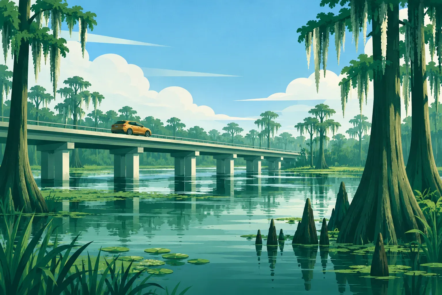 A raised highway through bayou wetlands with cypress trees, a typical landscape of Louisiana