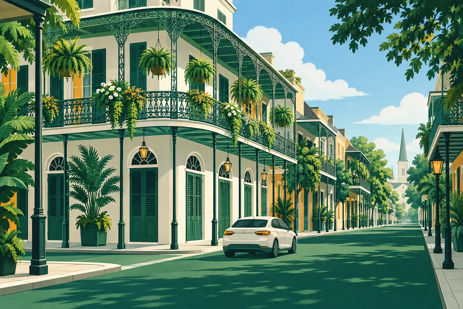 A New Orleans French Quarter street with wrought-iron balconies and hanging plants, in Louisiana